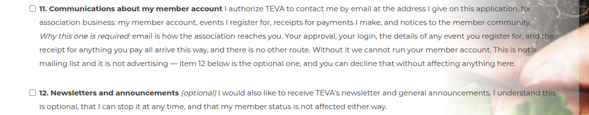 Item 11 lets TEVA email you about your account and item 12 is the optional newsletter