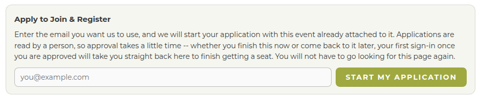 On an event page leave your email here and the event travels with your application
